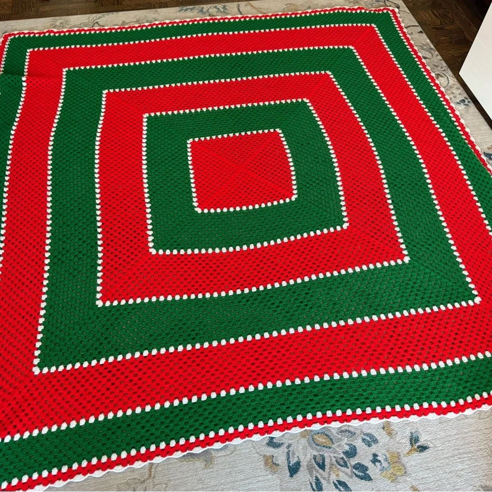 Handmade crochet green and red throw afghan blanket 88” x 88”